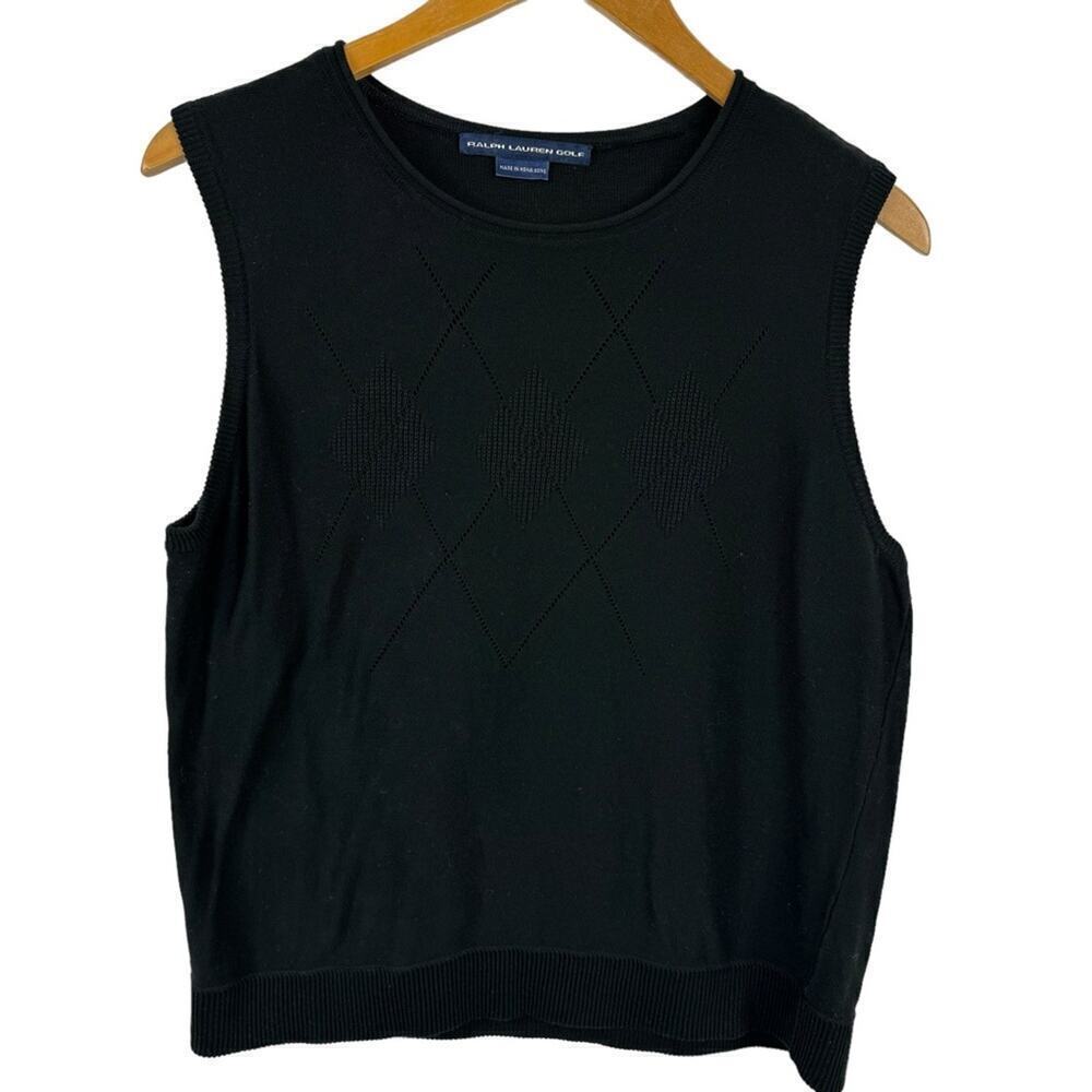 Vintage Ralph Lauren Golf Pointelle Knit Diamond Pattern Black Vest Size Large
